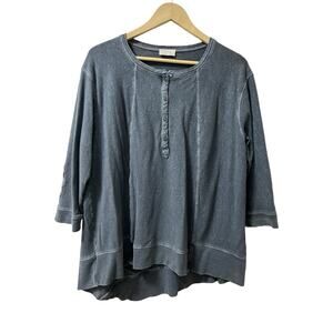 Wrap London Womens Hemp Cotton Henley Top Size 14 Blue Lagenlook Patch‎ Elbow